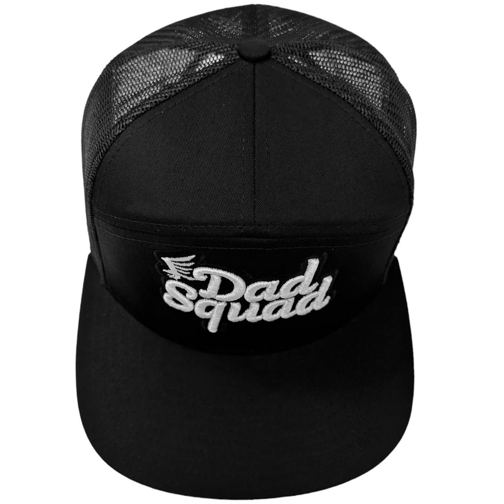 Dad Squad 7 Panel Flat Bill Trucker Hat - Black