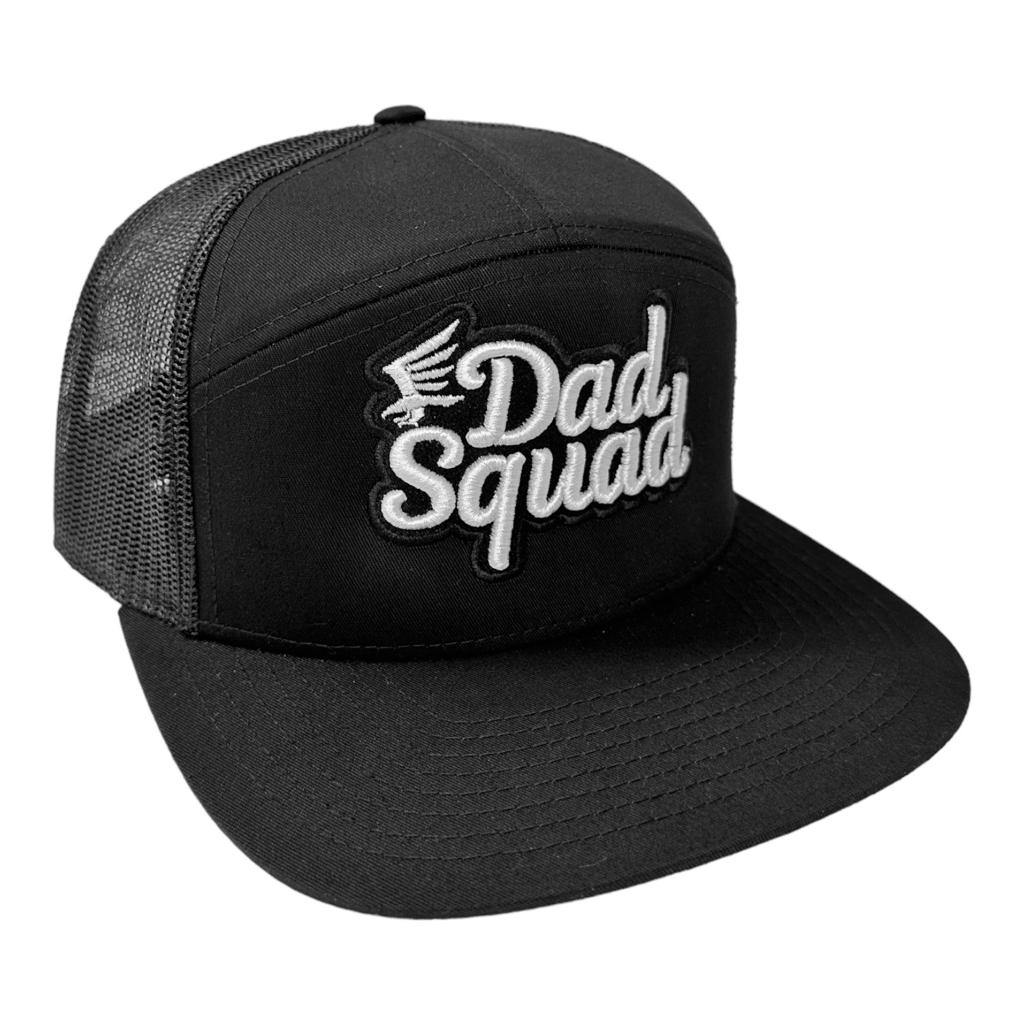 Dad Squad 7 Panel Flat Bill Trucker Hat - Black