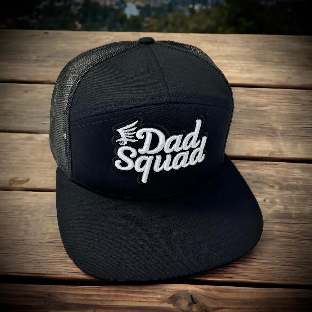 Dad Squad 7 Panel Flat Bill Trucker Hat - Black